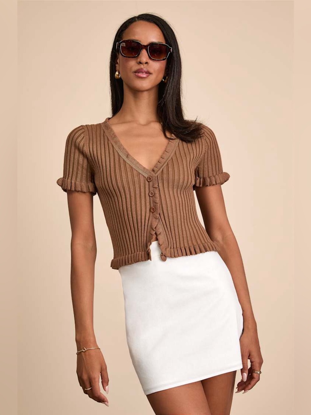 Lulus Keighlen Brown Ribbed Ruffled Short Sleeve Sweater Top size xs xsmall